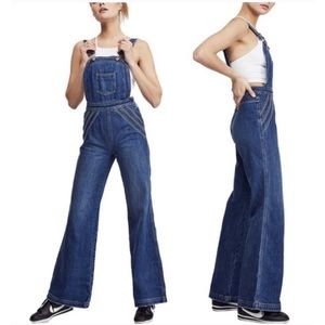 Free People Chasing Rainbows Denim Flare Overalls sz 12